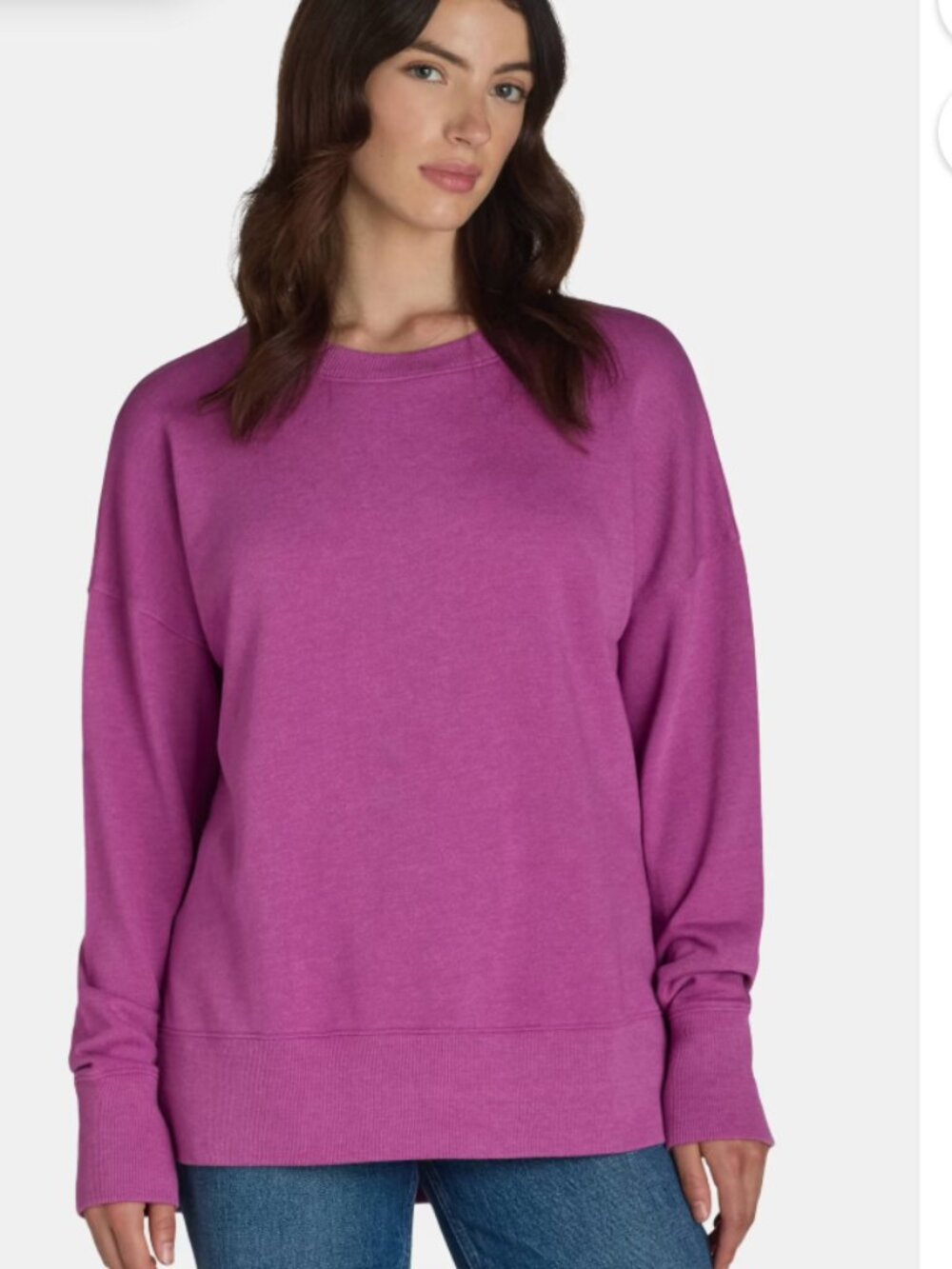 Time and Tru Crewneck Sweatshirt with High-Low Hem in Heliotrope Bloom